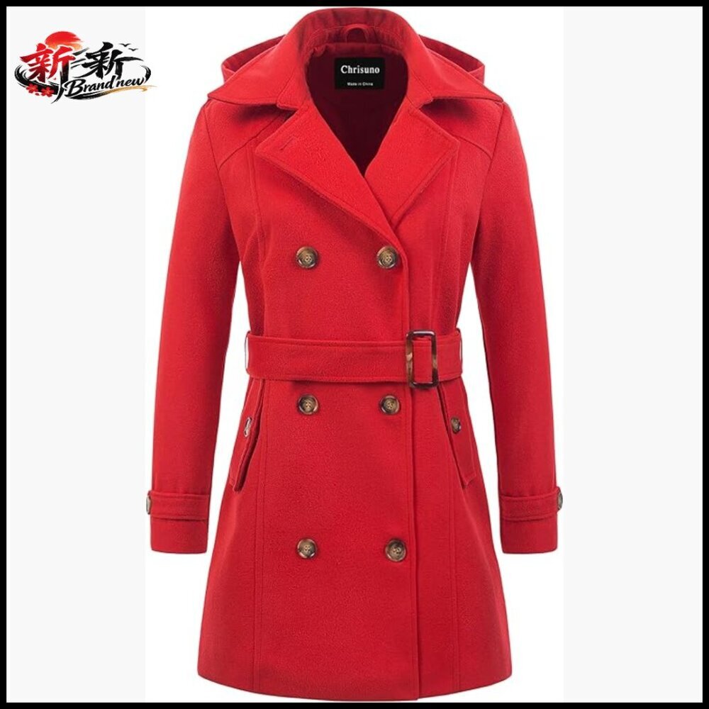 Double Breasted Pea Coat Hooded Long Winter Trench Coat